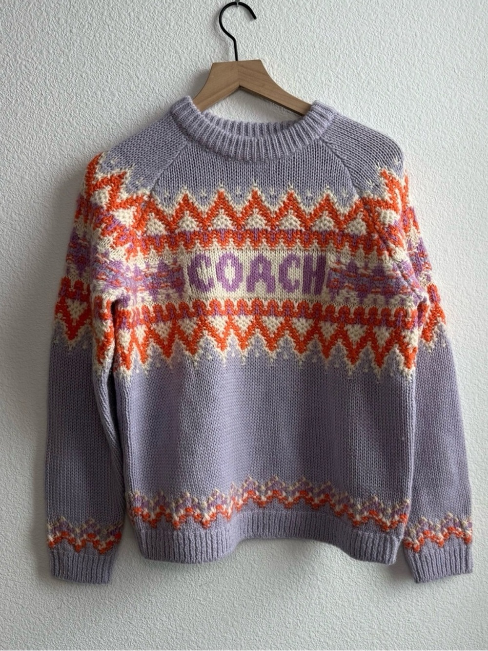 Coach Restored Fair Isle Ski Sweater Lilac Purple Orange Wool Alpaca Knit Sz S